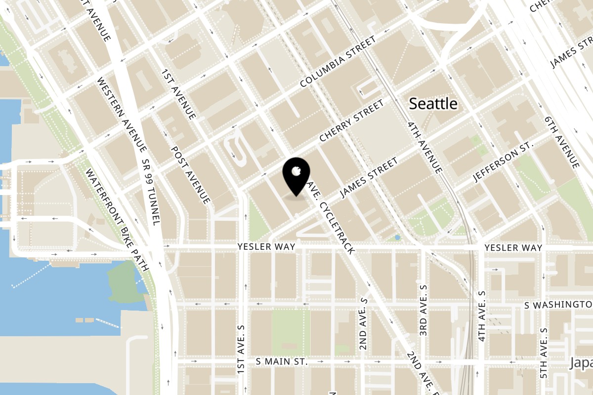 Map showing the location of Fusion Bistro Indian Cuisine on 601-A 2nd Ave in Seattle